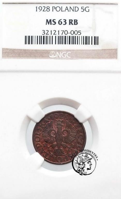 Polska II RP 5 groszy 1928 PCGS MS63 RB